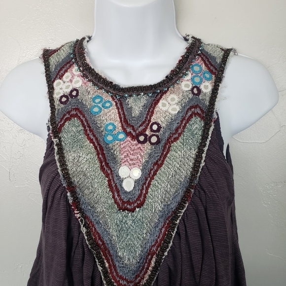 Free People XS Dark Purple Striped Embellished Sleeveless Blouse Button Beading - Picture 9 of 9